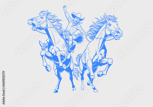 Wild West Rodeo Cowboy Illustration. Frontier Cowboy Spirit art. Retro Western Rodeo Rider. A vintage illustration of rodeo cowboy. Cowboy action on bronco. Bronco Buster Rodeo Cowboy Action Sketch.