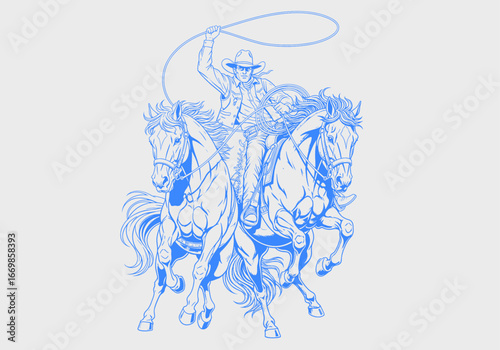 Wild West Rodeo Cowboy Illustration. Frontier Cowboy Spirit art. Retro Western Rodeo Rider. A vintage illustration of rodeo cowboy. Cowboy action on bronco. Bronco Buster Rodeo Cowboy Action Sketch.