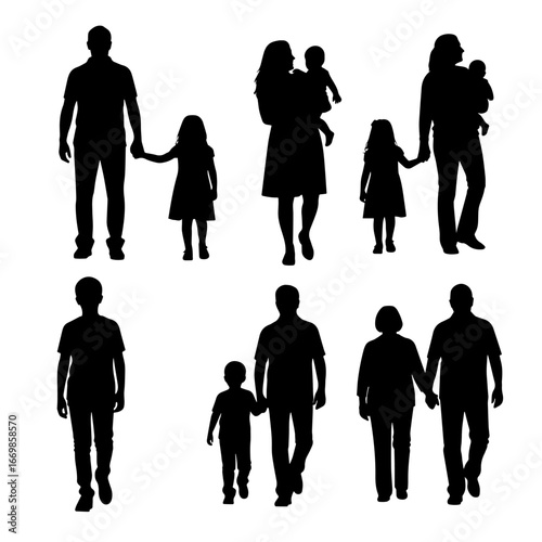 Isolated minimal black family silhouettes. Collection of family silhouettes on isolated background. Vector