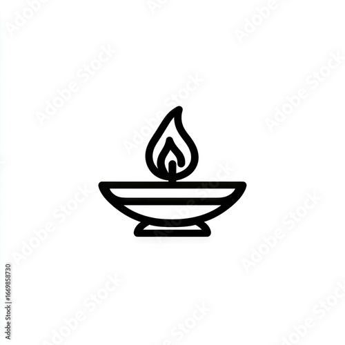 A simple, black-line illustration of a small, round oil lamp with a flame.