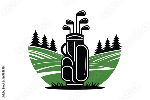 Golf bag with clubs on a green fairway with pine trees in the background