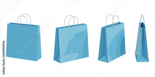 Four light blue paper shopping bags with silver handles on a white background paper bag gift bag