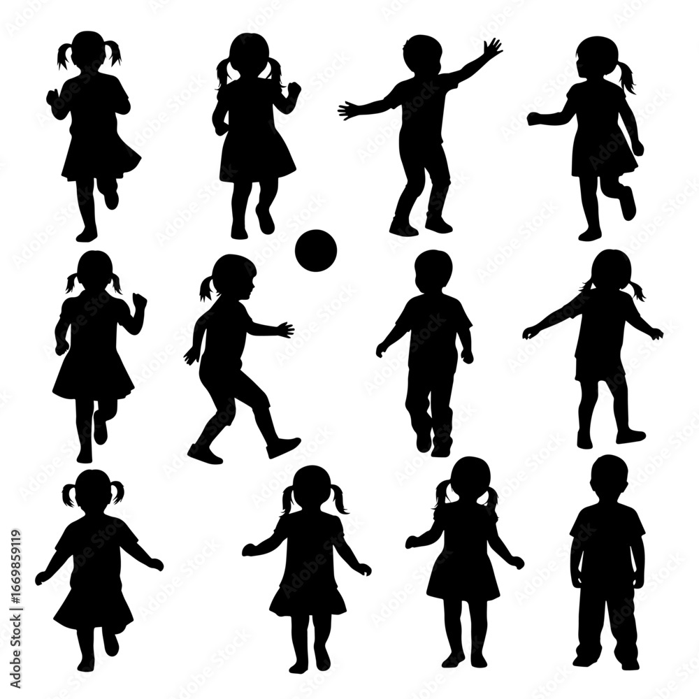 Fototapeta premium Silhouette Collection of Children Activity Poses, Playful and Energetic Actions