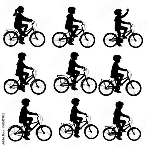 Set of silhouette of children riding bicycle illustration. Toddler play a bike outdoor.