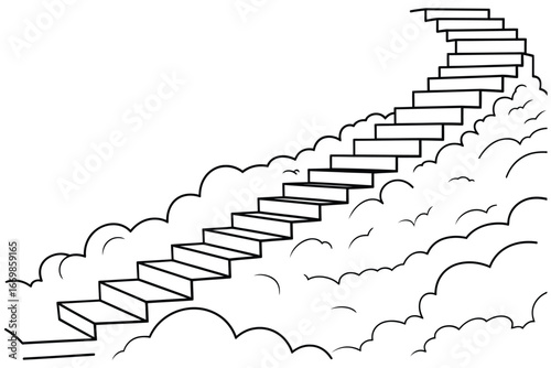 Ascending staircase leading upwards through fluffy white clouds