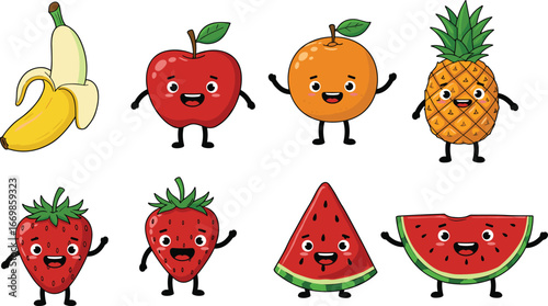 Cute cartoon fruits with faces, happy banana, smiling apple, cheerful orange, funny pineapple, adorable strawberries, happy watermelon, kids fruit characters