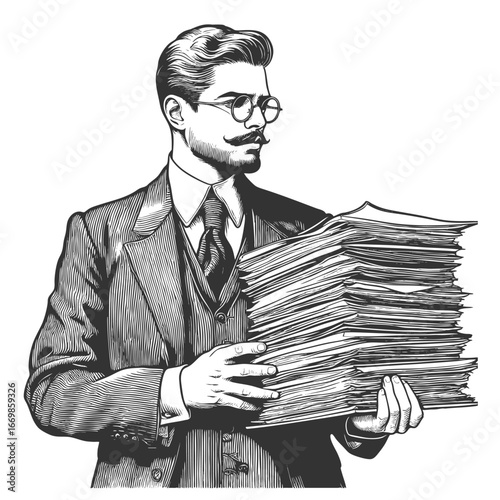 businessman in a suit carrying heavy stack of documents, symbolizing workload and responsibility sketch engraving generative ai fictional character vector illustration. Scratch board. Black and white.