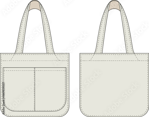 Front and back view of a beige canvas tote bag with two stitched front pockets canvas bag shopping bag