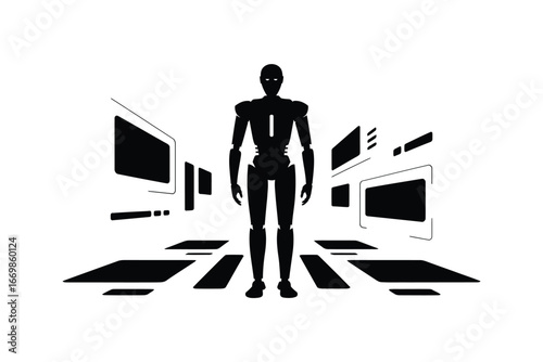 Futuristic humanoid robot standing in a dark sterile environment with glowing panels