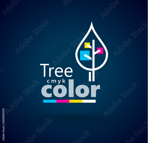 Cmyk Logo. Tree and Drop Printing theme. Template design vector. Black background