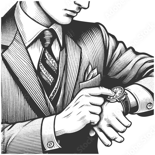 businessman in a suit looking at his wristwatch, symbolizing time management and punctuality sketch engraving generative ai fictional character vector illustration. Scratch board. Black and white.
