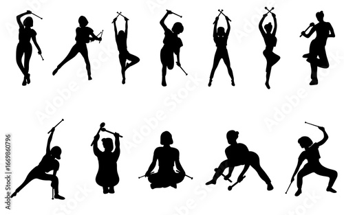 Poundfit woman fitness exercise with aerobic sticks workout gym training yoga workout silhouettes