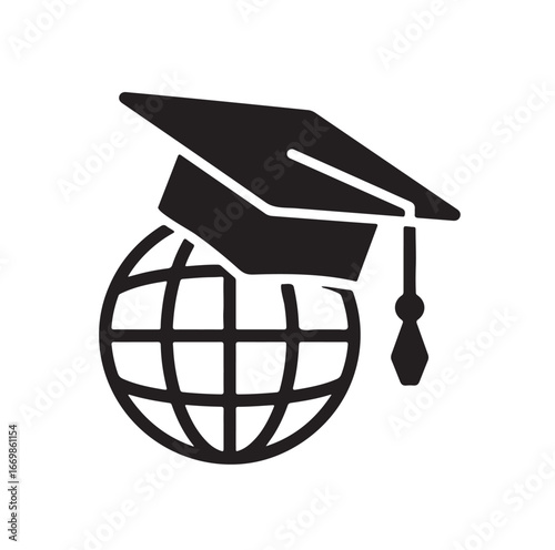  black and white vector icon of a globe wearing a graduation cap, ready to represent global education with clarity and elegance.