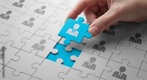 A hand places a light-blue jigsaw puzzle piece, completing a pattern of business people icons on a white puzzle grid.
