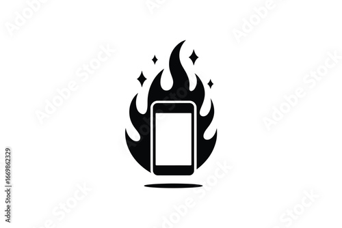 Smartphone engulfed in black flames with sparkling highlights on white background