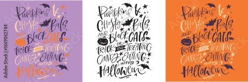 Happy Halloween set - Trick or treat  funny cute  hand drawn doodle lettering label, t-shirt design, mug print, sticker print. 100% hand drawn vector