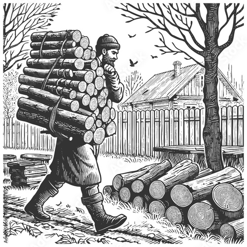 man in a coat and cap carrying a large bundle of firewood toward a wooden farmhouse sketch engraving generative ai fictional character vector illustration. Scratch board imitation. Black and white.