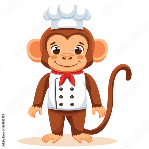 A creative digital illustration of a monkey chef, shown in a full-body pose in a professional kitchen environment, ready to cook up a storm.