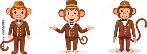 A full-body character illustration of a monkey dressed as a professional hotel receptionist, standing at a front desk with a welcoming smile.