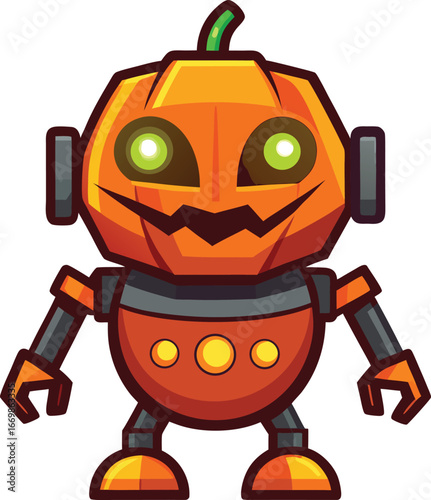 Cute halloween robot with pumpkin head and glowing green eyes