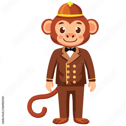 A whimsical and fun vector portrait of a monkey bellhop, carrying luggage with a polite and eager expression, ready to assist a guest.