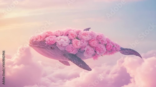 Surreal pink whale covered with blooming peonies floating above dreamy pastel clouds in magical fantasy sky scene