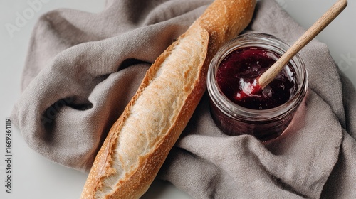 Fresh baguette and jam on a cloth