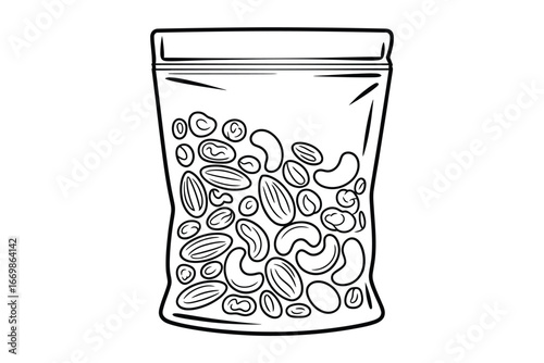 Hand drawn illustration of a resealable plastic bag filled with mixed nuts and dried fruit