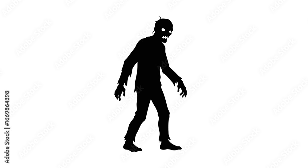 Fototapeta premium A terrifying zombie silhouette with glowing eyes shuffles menacingly across a stark white background, evoking a chilling sense of dread and horror for Halloween designs.