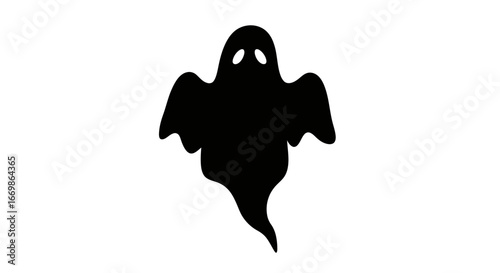 A hauntingly ethereal black ghost silhouette with glowing white eyes floats mysteriously on an isolated background, perfectly capturing the spooky essence of Halloween.