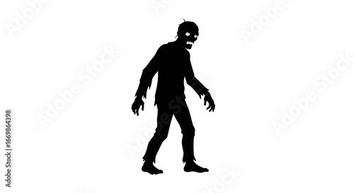 A terrifying zombie silhouette with glowing eyes shuffles menacingly across a stark white background, evoking a chilling sense of dread and horror for Halloween designs.
