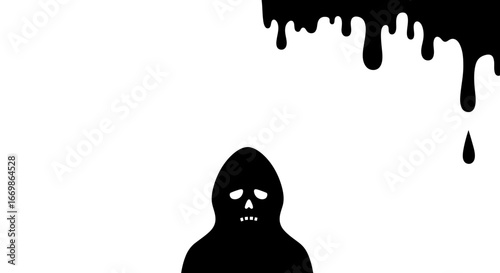 A stark, abstract illustration of a dark, hooded figure with a skeletal face on a white background, with black liquid dripping, symbolizing fear and despair.