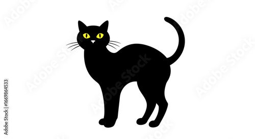 An elegant black cat with piercing yellow eyes stands alertly against a clean white background, embodying mystery, good luck, and feline grace and charm.