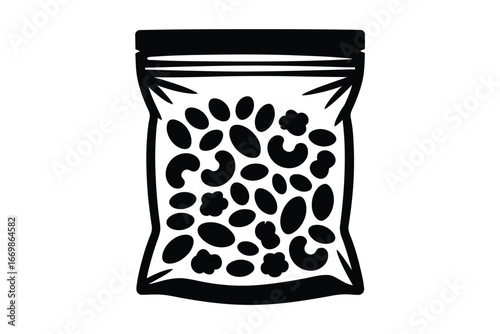 Hand drawn illustration of a clear plastic bag filled with mixed nuts and dried fruit