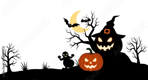 A festive Halloween night silhouette showcases a grinning jack-o'-lantern in a witch hat, flying bats, crescent moon, and spooky bare trees, perfect for seasonal decor.