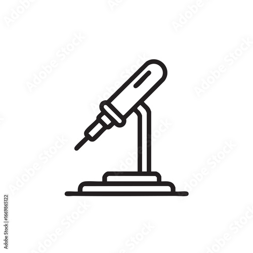A simple line drawing of a soldering iron on a stand.