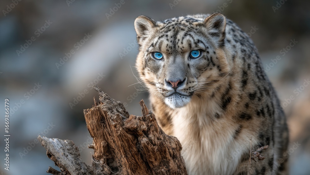 Fototapeta premium A captivating snow leopard with piercing blue eyes gazes intently from atop a weathered log, showcasing its striking beauty against a softly blurred background.