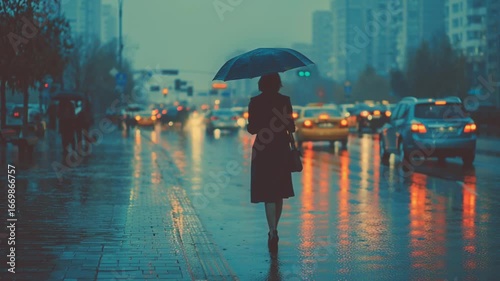 A lone woman walking in the rain under umbrella.