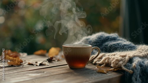 A serene autumn scene with a warm cup of tea and a cozy scarf.
