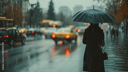 A person strolling leisurely on a rain-soaked street, holding an umbrella.