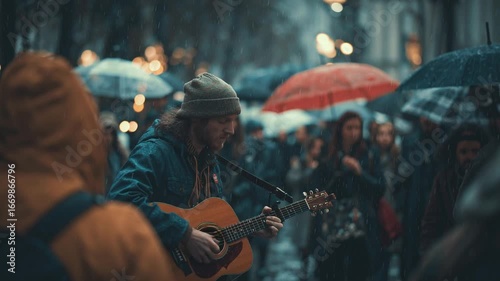 A street performer serenading the crowd on a rainy day.