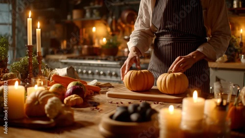 A cozy kitchen scene featuring candles, vegetables, and a person preparing pumpkins.