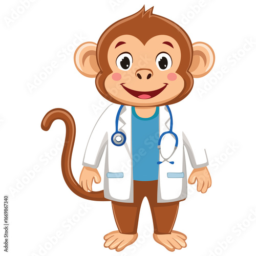 A compassionate and professional vector portrait of a monkey doctor, meticulously designed to show the details of the medical attire and a caring expression.