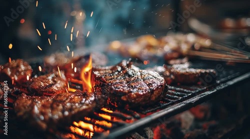 Grilled meat sizzling over glowing coals with flames and smoke, showcasing the art of barbecue.
