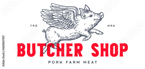 Fly piggly, pig, piglet with wings. Vintage retro pig print, black white fly piggly drawing, piglet with wings, grunge pig old school style. Silhouette angel pig, piglet, piggly. Vector Illustration