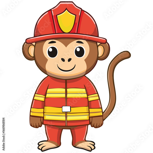 A brave and heroic vector portrait of a monkey firefighter, meticulously designed to show the details of the protective gear and a determined expression.