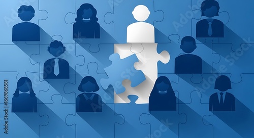 A group of diverse business figures arranged on a blue puzzle background, highlighting the importance of inclusion and teamwork.