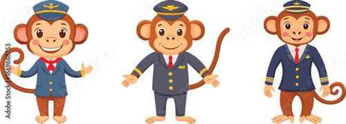A full-body, detailed character illustration of a monkey dressed as a flight attendant, wearing a professional uniform and a scarf, ready to assist passengers.