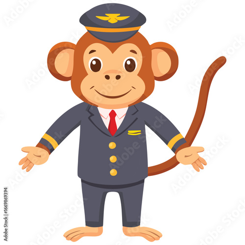 A creative digital illustration showing a monkey as a flight attendant, symbolizing hospitality and a commitment to air travel safety in a whimsical style.