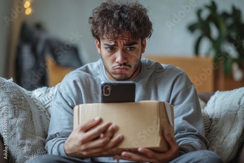 Worried Hispanic man sitting on the sofa at home, holding a parcel and a phone, looking upset and disappointed, reflecting concerns over an unexpected situation or delivery, Generative AI